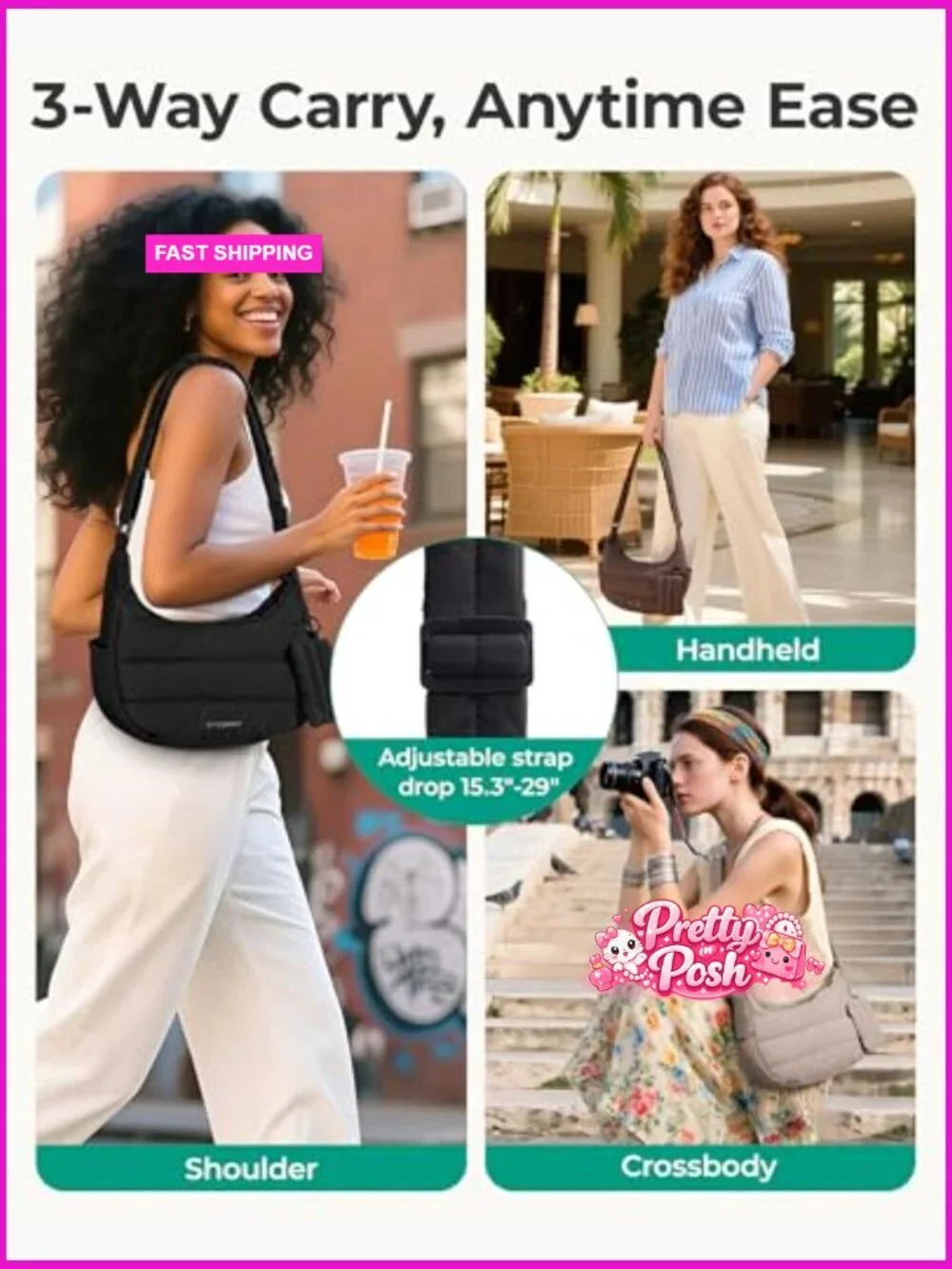 Polyester Puffer Hobo Crossbody Bag with Adjustable Strap